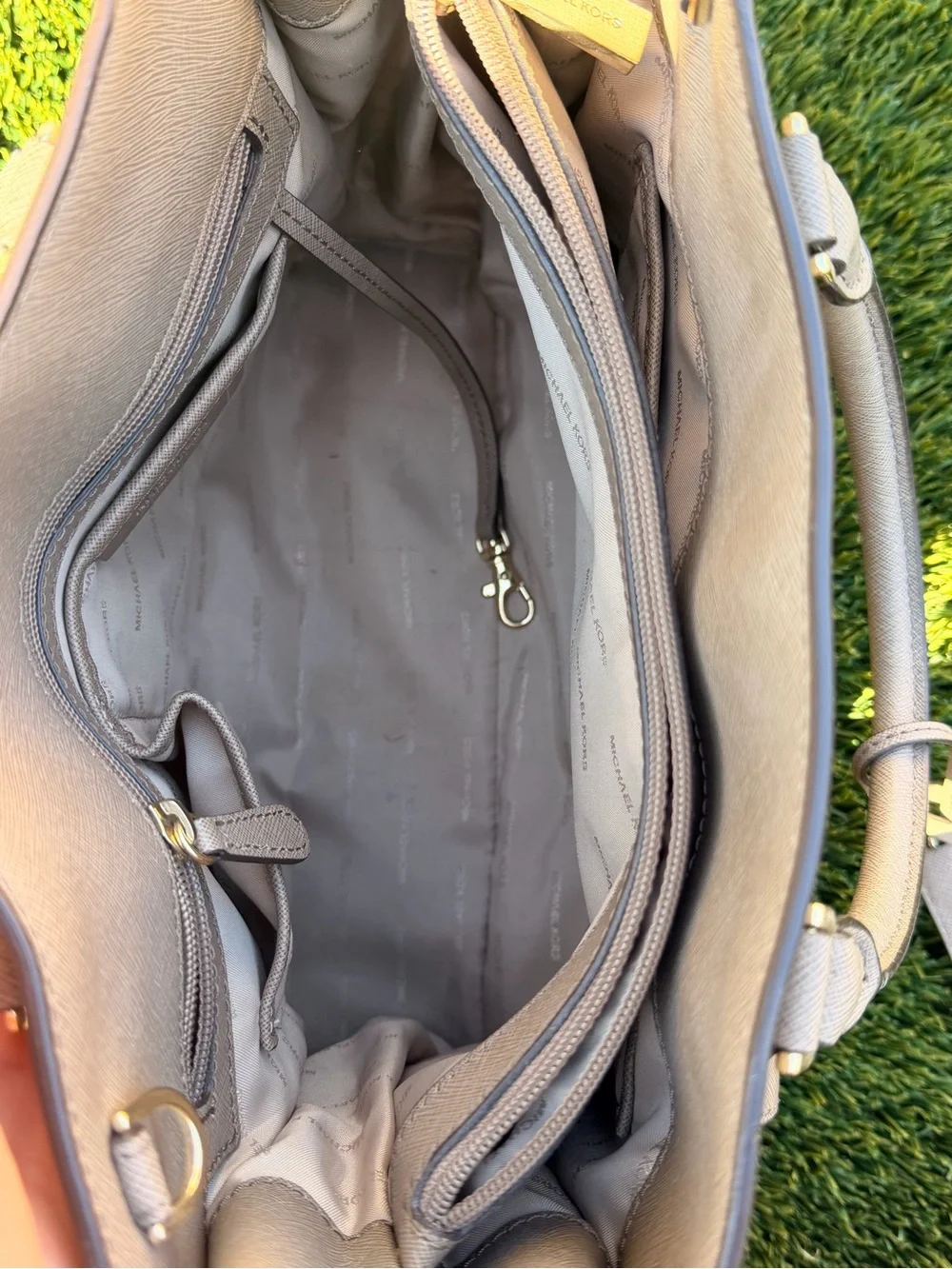 Michael Kors Taupe Saffiano Satchel with Gold Hardware